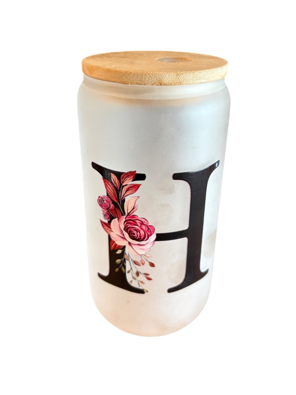 Frosted Glass Tumbler w/ Bamboo Lid for Iced Coffee / Drinks Letter H